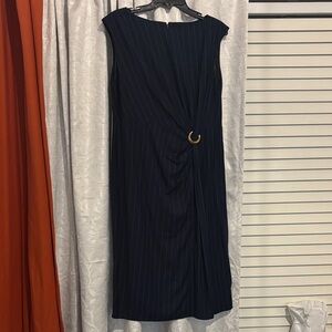 Donna Karan Navy Pinstripe Midi Dress with Gold Ring